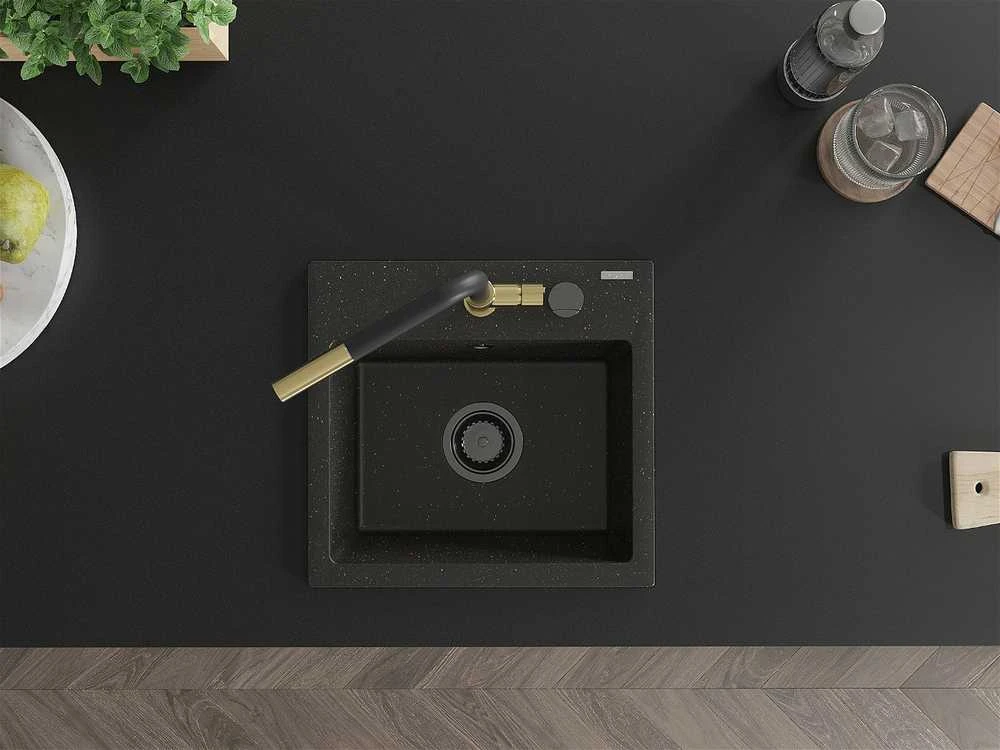Granitinė virtuvinė plautuvė Mexen Milo su maišytuvu ir sifonu, Metallic juodas/auksinis+Juodas/Gold