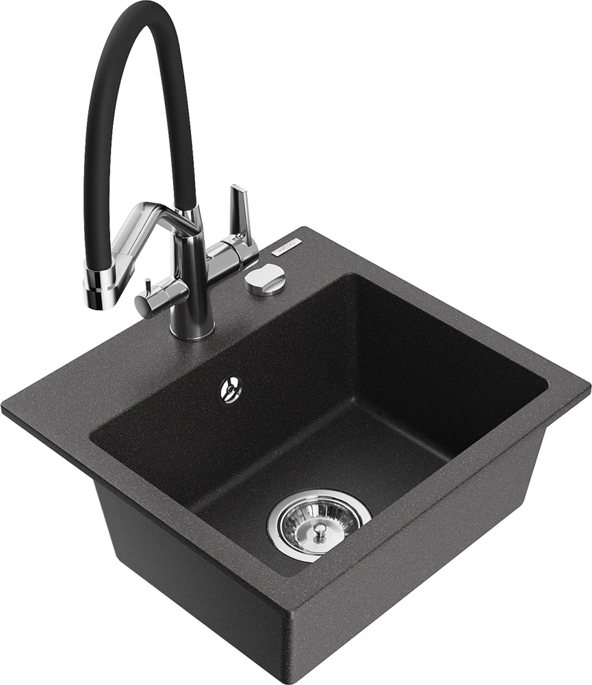 Granitinė virtuvinė plautuvė Mexen Milo su maišytuvu ir sifonu, Juodas granite+Juodas/Chrome