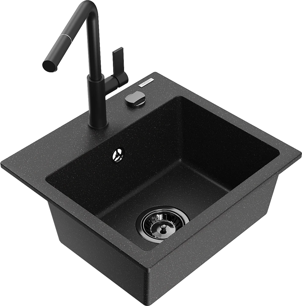 Granitinė virtuvinė plautuvė Mexen Milo su maišytuvu ir sifonu, Metallic juodas/sidabrinis+Juodas