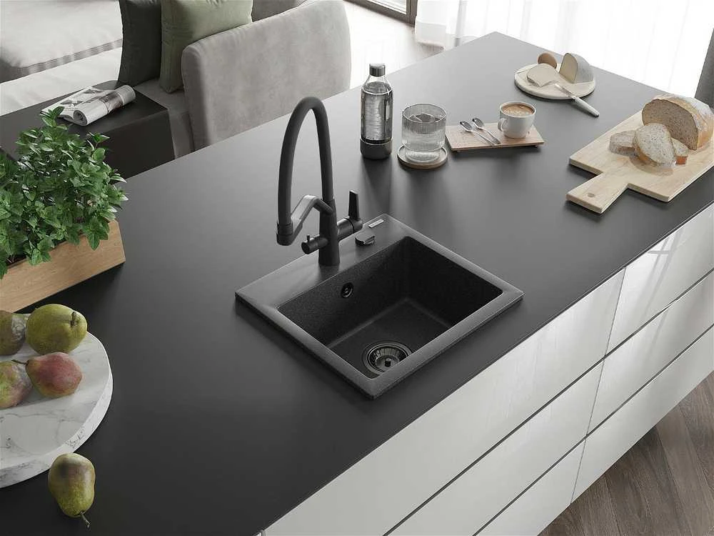 Granitinė virtuvinė plautuvė Mexen Milo su maišytuvu ir sifonu, Juodas granite+Juodas