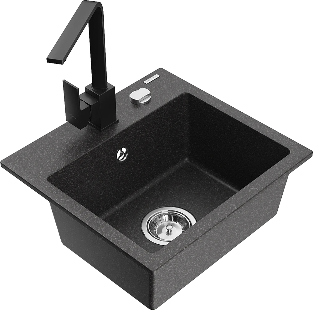 Granitinė virtuvinė plautuvė Mexen Milo su maišytuvu ir sifonu, Juodas granite+Juodas