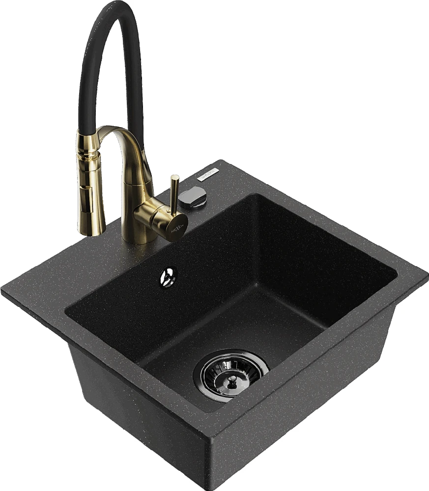 Granitinė virtuvinė plautuvė Mexen Milo su maišytuvu ir sifonu, Metallic juodas/sidabrinis+Juodas/Gold