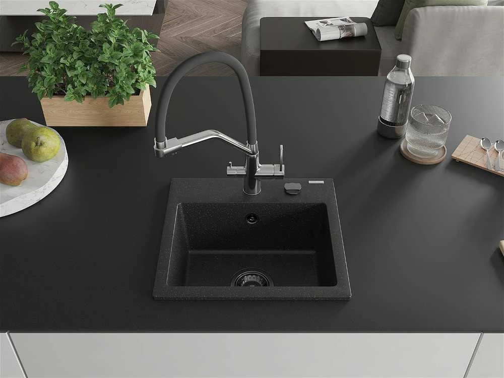 Granitinė virtuvinė plautuvė Mexen Milo su maišytuvu ir sifonu, Metallic juodas/sidabrinis+Juodas/Chrome