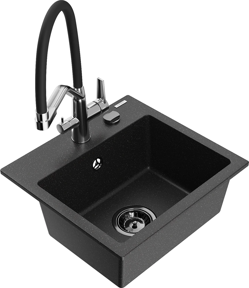 Granitinė virtuvinė plautuvė Mexen Milo su maišytuvu ir sifonu, Metallic juodas/sidabrinis+Juodas/Chrome