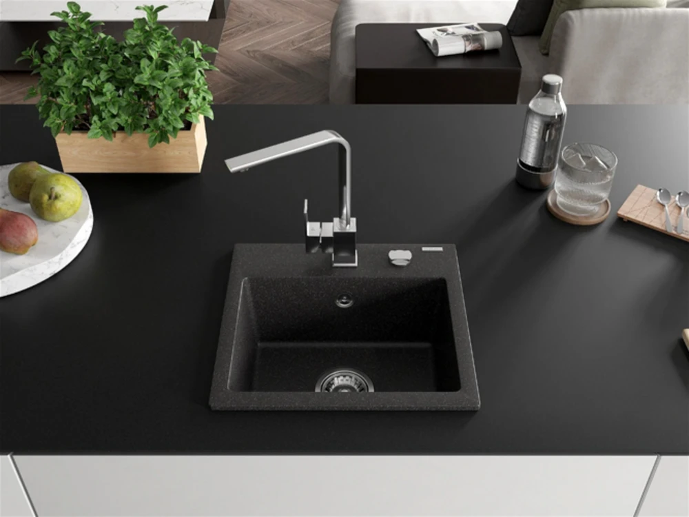 Granitinė virtuvinė plautuvė Mexen Milo su maišytuvu ir sifonu, Juodas granite+Chrome