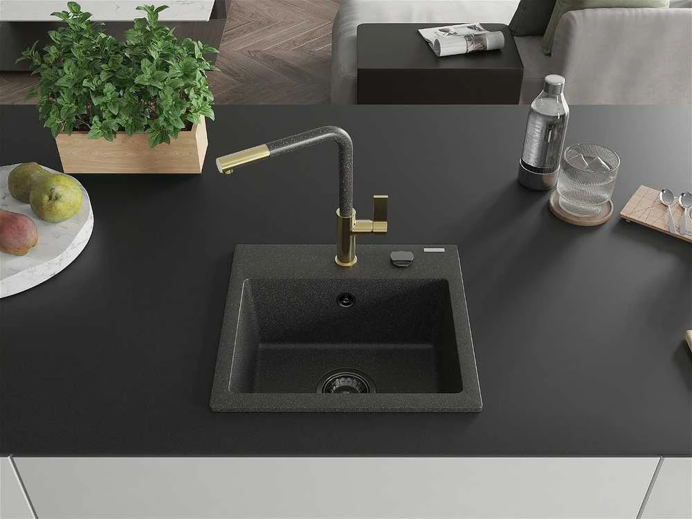 Granitinė virtuvinė plautuvė Mexen Milo su maišytuvu ir sifonu, Juodas granite+Juodas granite/Gold