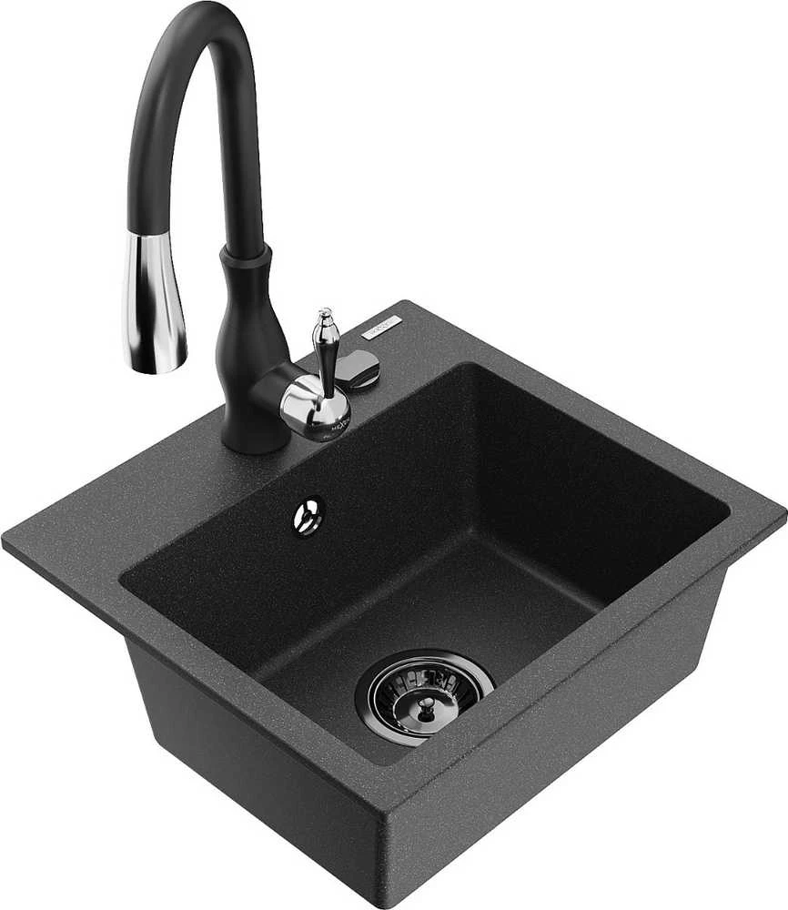 Granitinė virtuvinė plautuvė Mexen Milo su maišytuvu ir sifonu, Juodas granite+Juodas