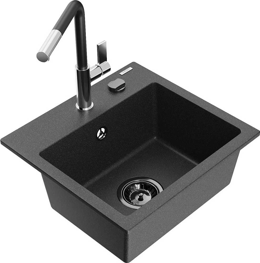 Granitinė virtuvinė plautuvė Mexen Milo su maišytuvu ir sifonu, Juodas granite+Juodas/Chrome