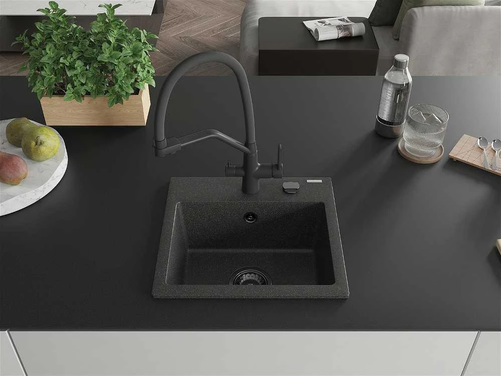 Granitinė virtuvinė plautuvė Mexen Milo su maišytuvu ir sifonu, Juodas granite+Juodas