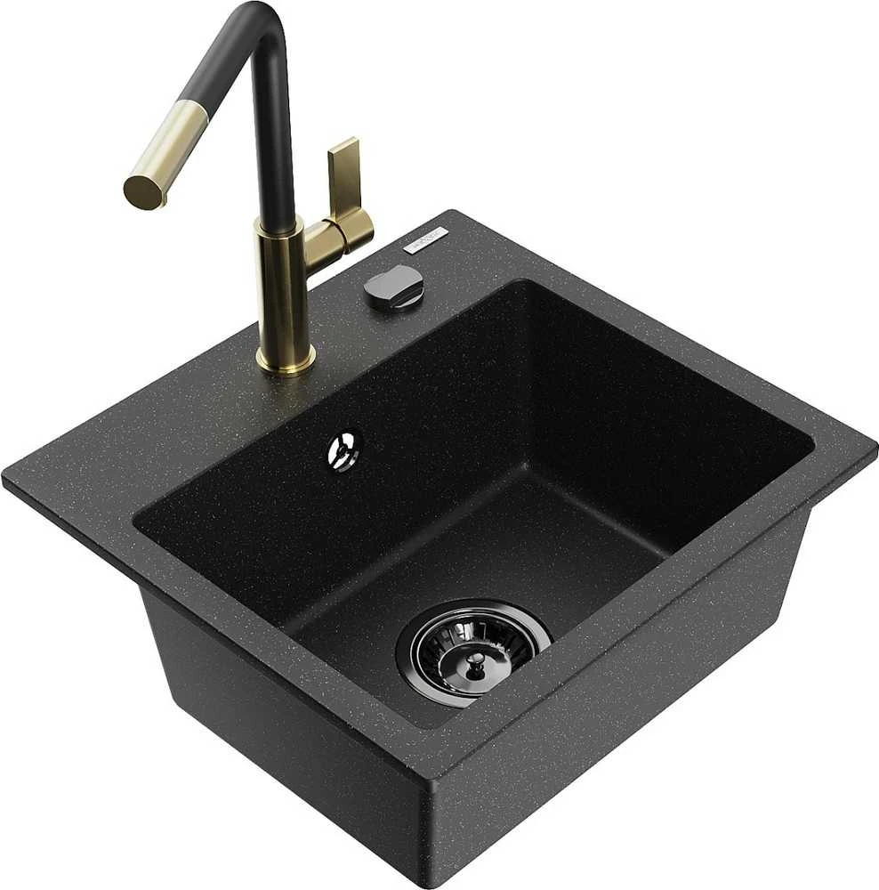 Granitinė virtuvinė plautuvė Mexen Milo su maišytuvu ir sifonu, Metallic juodas/sidabrinis+Juodas/Gold