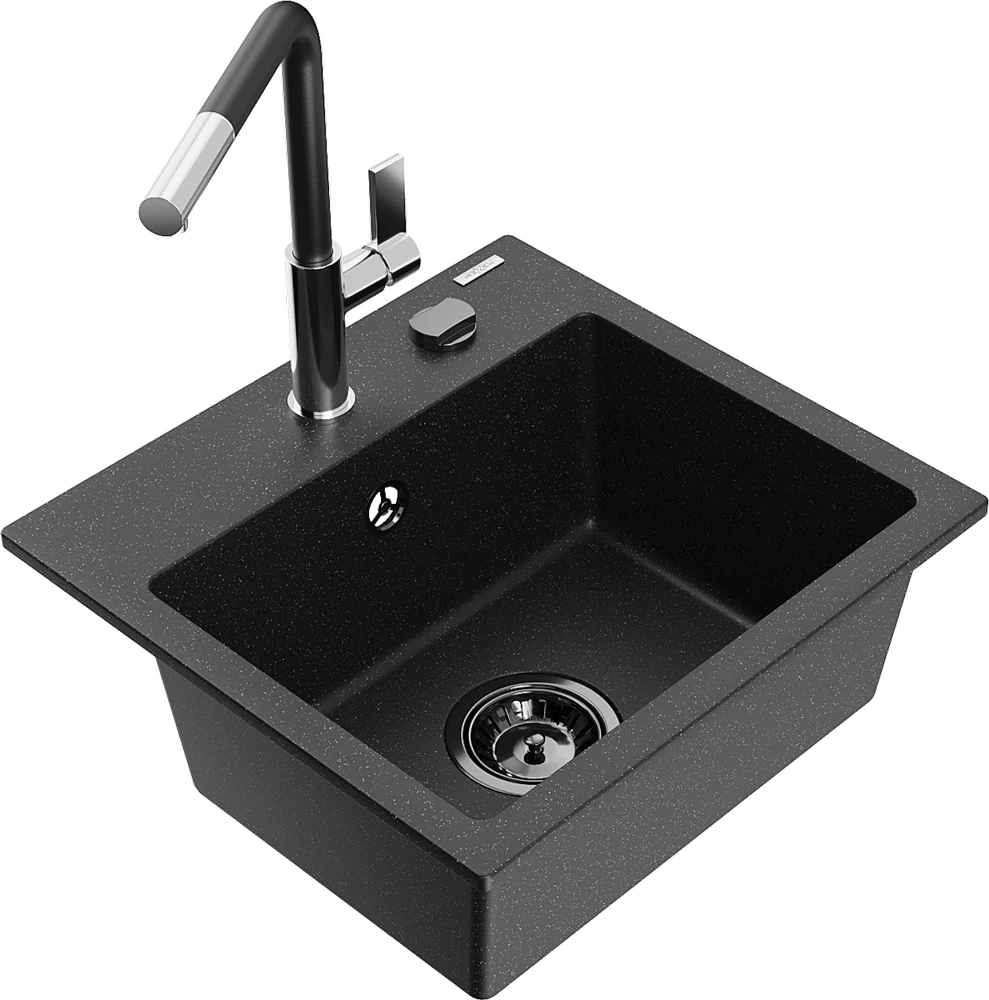 Granitinė virtuvinė plautuvė Mexen Milo su maišytuvu ir sifonu, Metallic juodas/sidabrinis+Juodas/Chrome