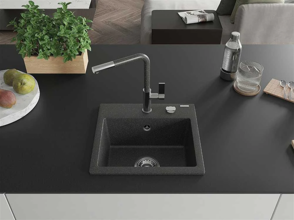 Granitinė virtuvinė plautuvė Mexen Milo su maišytuvu ir sifonu, Juodas granite+Chrome/Juodas granite
