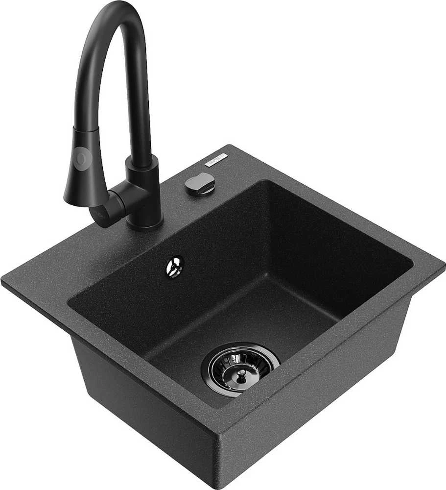 Granitinė virtuvinė plautuvė Mexen Milo su maišytuvu ir sifonu, Juodas granite+Juodas