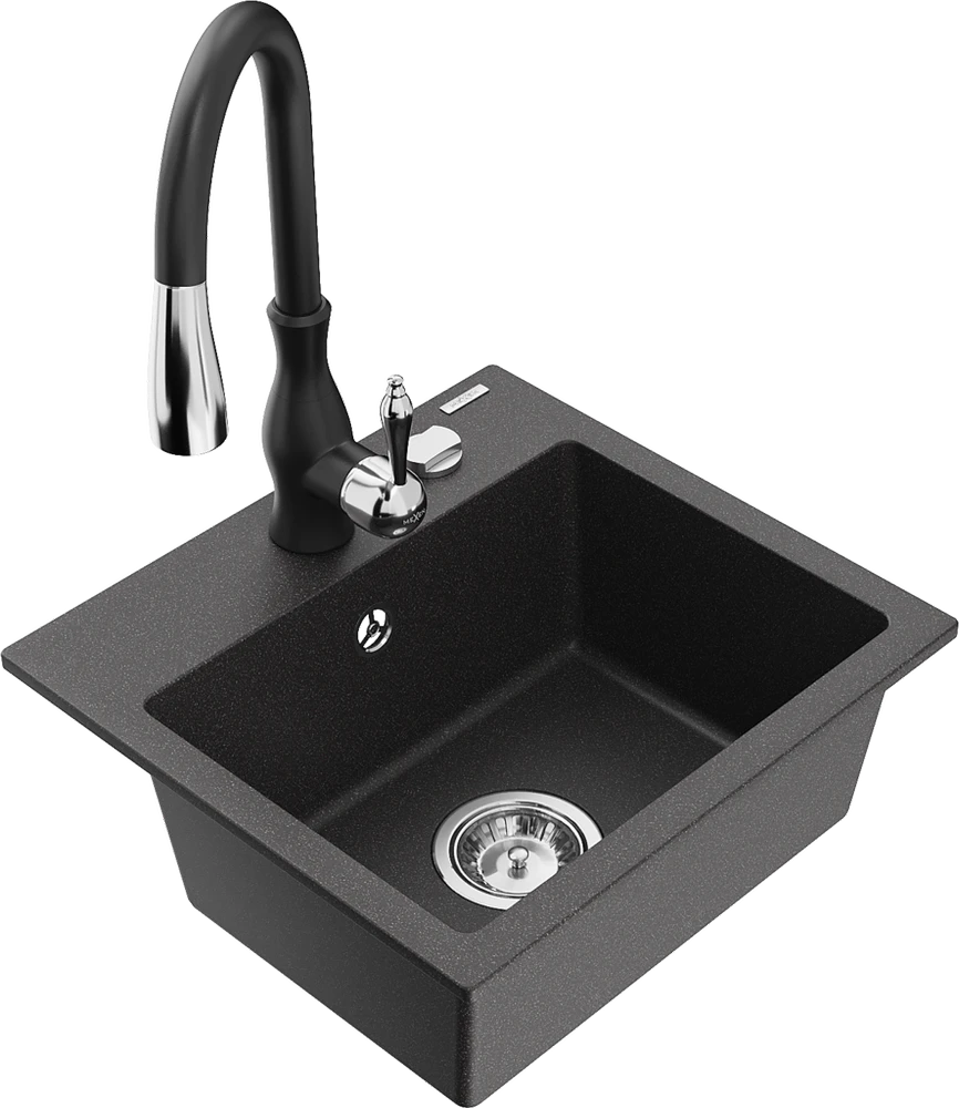 Granitinė virtuvinė plautuvė Mexen Milo su maišytuvu ir sifonu, Juodas granite+Juodas