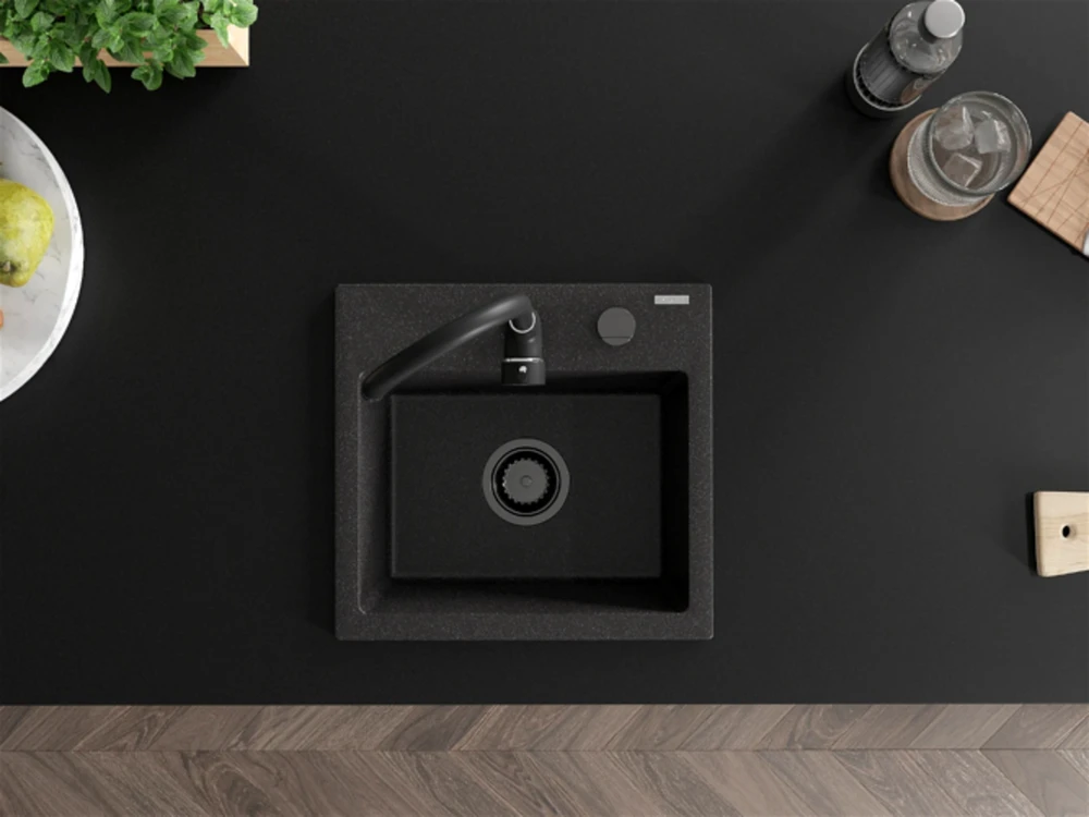 Granitinė virtuvinė plautuvė Mexen Milo su maišytuvu ir sifonu, Juodas granite+Juodas(B)