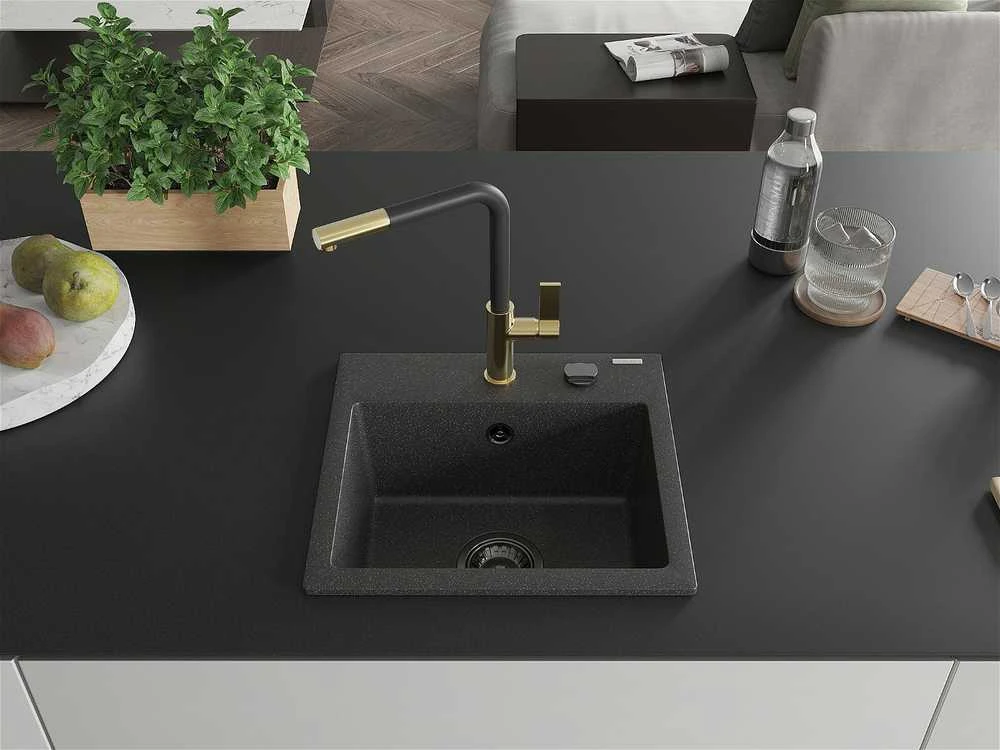 Granitinė virtuvinė plautuvė Mexen Milo su maišytuvu ir sifonu, Juodas granite+Juodas/Gold