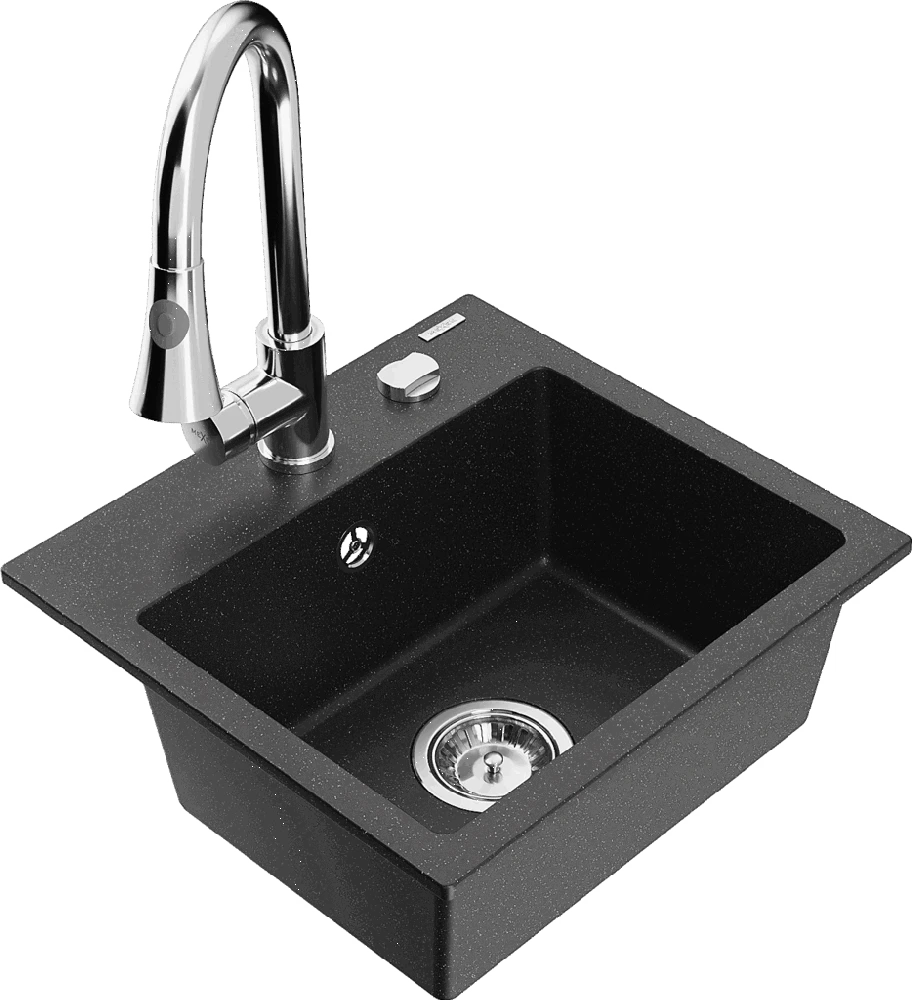 Granitinė virtuvinė plautuvė Mexen Milo su maišytuvu ir sifonu, Metallic juodas/sidabrinis+Chrome