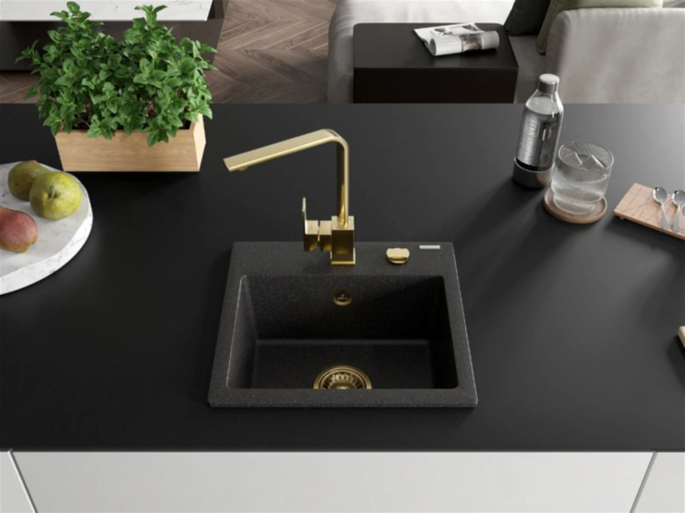 Granitinė virtuvinė plautuvė Mexen Milo su maišytuvu ir sifonu, Juodas granite+Gold