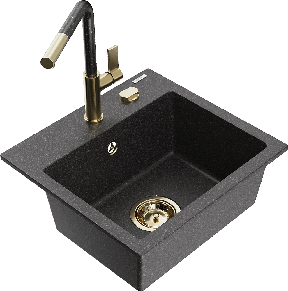 Granitinė virtuvinė plautuvė Mexen Milo su maišytuvu ir sifonu, Juodas granite+Juodas granite/Gold