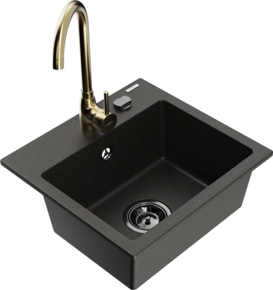Granitinė virtuvinė plautuvė Mexen Milo su maišytuvu ir sifonu, Metallic juodas/auksinis+Gold(B)