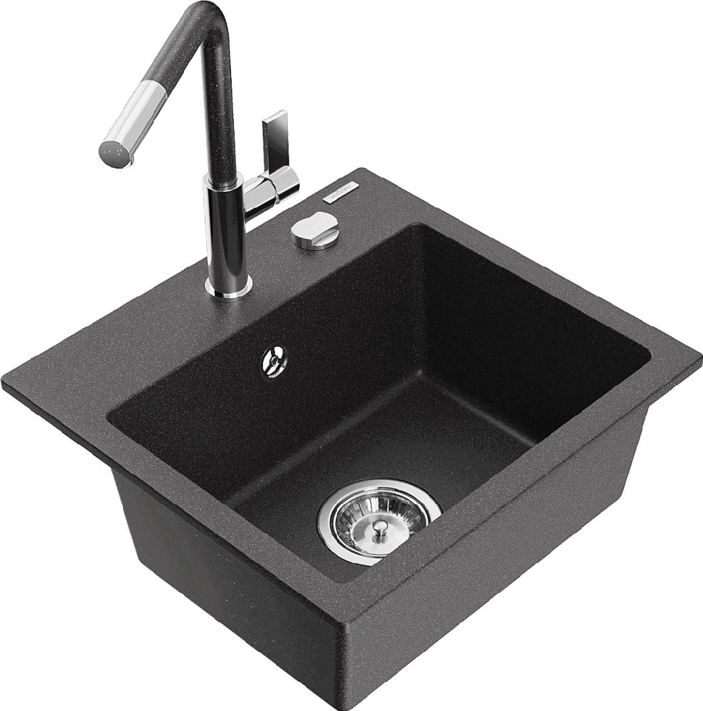 Granitinė virtuvinė plautuvė Mexen Milo su maišytuvu ir sifonu, Juodas granite+Chrome/Juodas granite