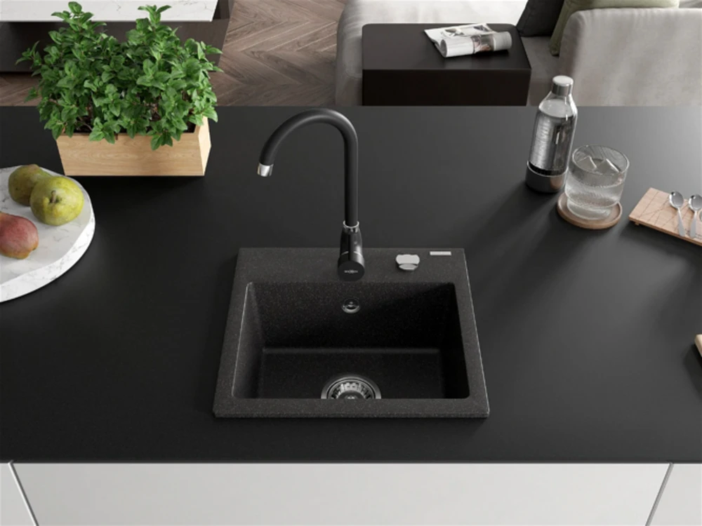 Granitinė virtuvinė plautuvė Mexen Milo su maišytuvu ir sifonu, Juodas granite+Juodas