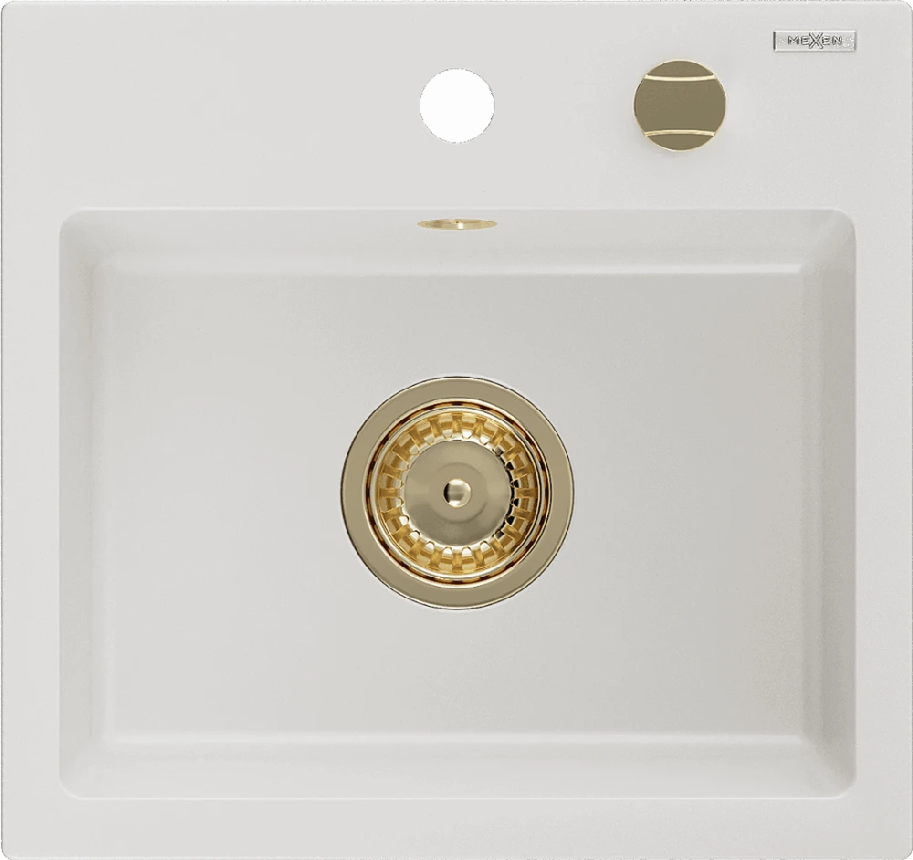 Granitinė virtuvinė plautuvė Mexen Milo su sifonu, Baltas+Gold, 435 x 410 mm