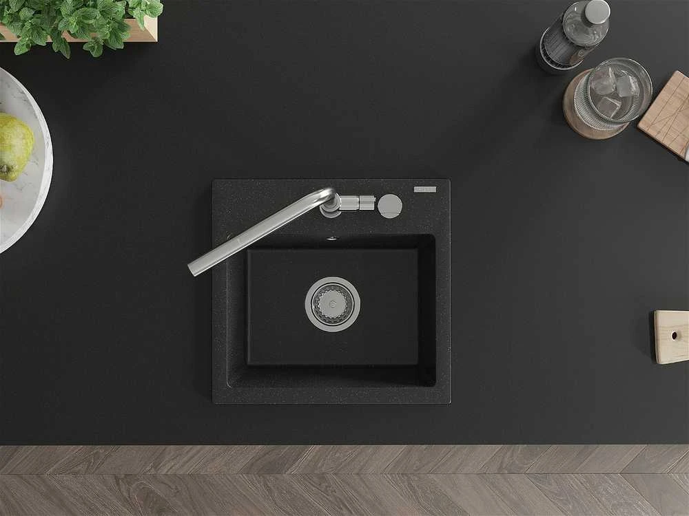 Granitinė virtuvinė plautuvė Mexen Milo su maišytuvu ir sifonu, Metallic juodas/sidabrinis+Chrome