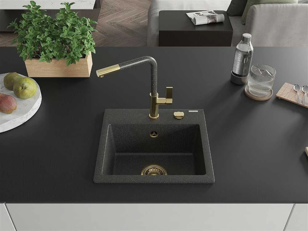 Granitinė virtuvinė plautuvė Mexen Milo su maišytuvu ir sifonu, Juodas granite+Juodas granite/Gold