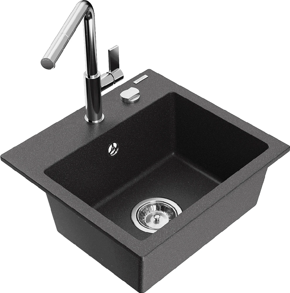 Granitinė virtuvinė plautuvė Mexen Milo su maišytuvu ir sifonu, Juodas granite+Chrome