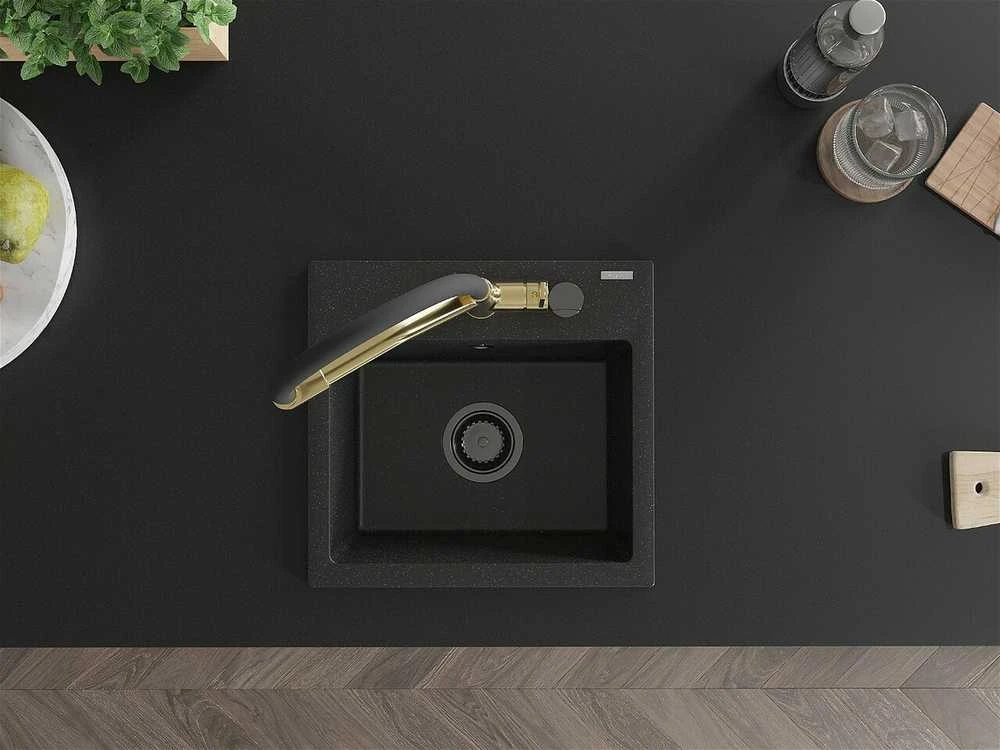 Granitinė virtuvinė plautuvė Mexen Milo su maišytuvu ir sifonu, Metallic juodas/sidabrinis+Juodas/Gold