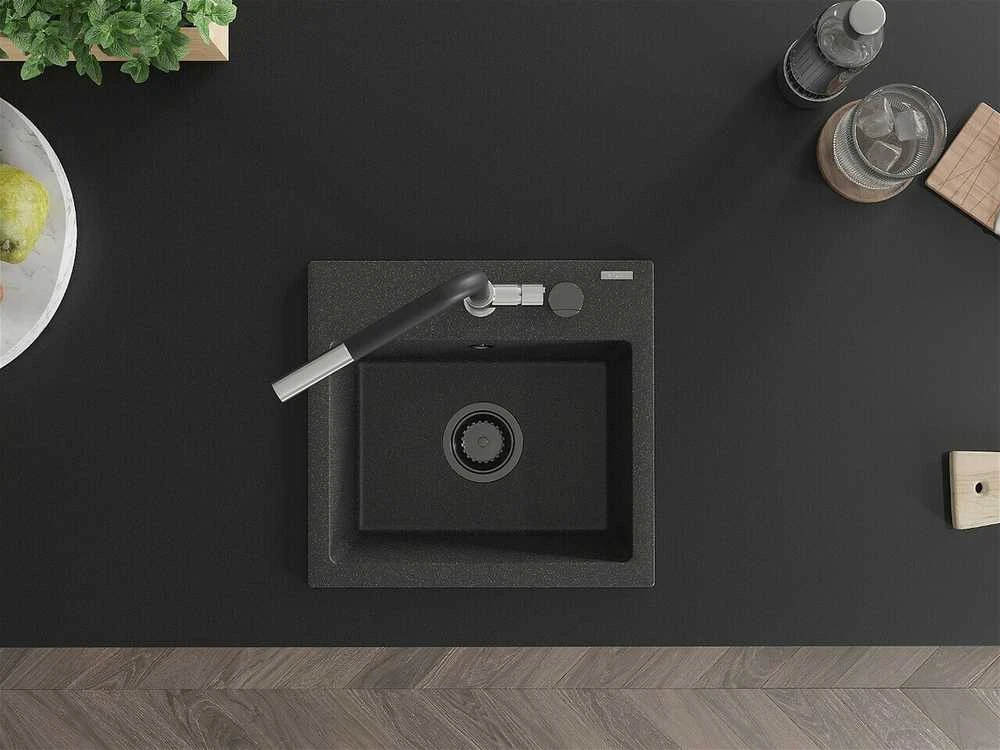 Granitinė virtuvinė plautuvė Mexen Milo su maišytuvu ir sifonu, Juodas granite+Juodas/Chrome