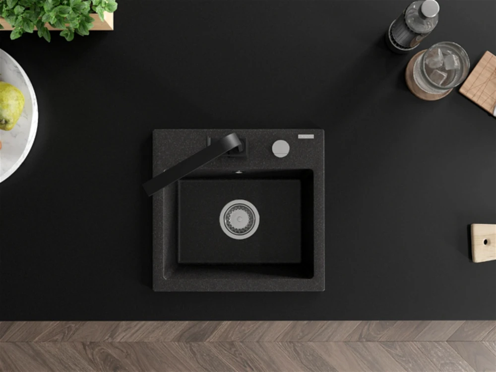 Granitinė virtuvinė plautuvė Mexen Milo su maišytuvu ir sifonu, Juodas granite+Juodas