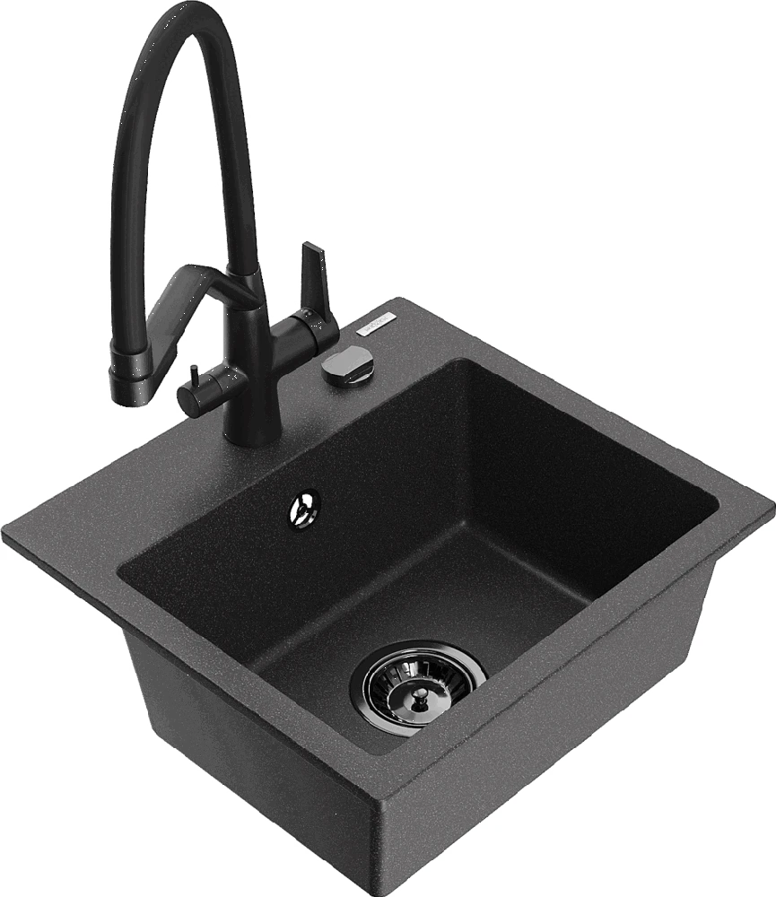 Granitinė virtuvinė plautuvė Mexen Milo su maišytuvu ir sifonu, Juodas granite+Juodas
