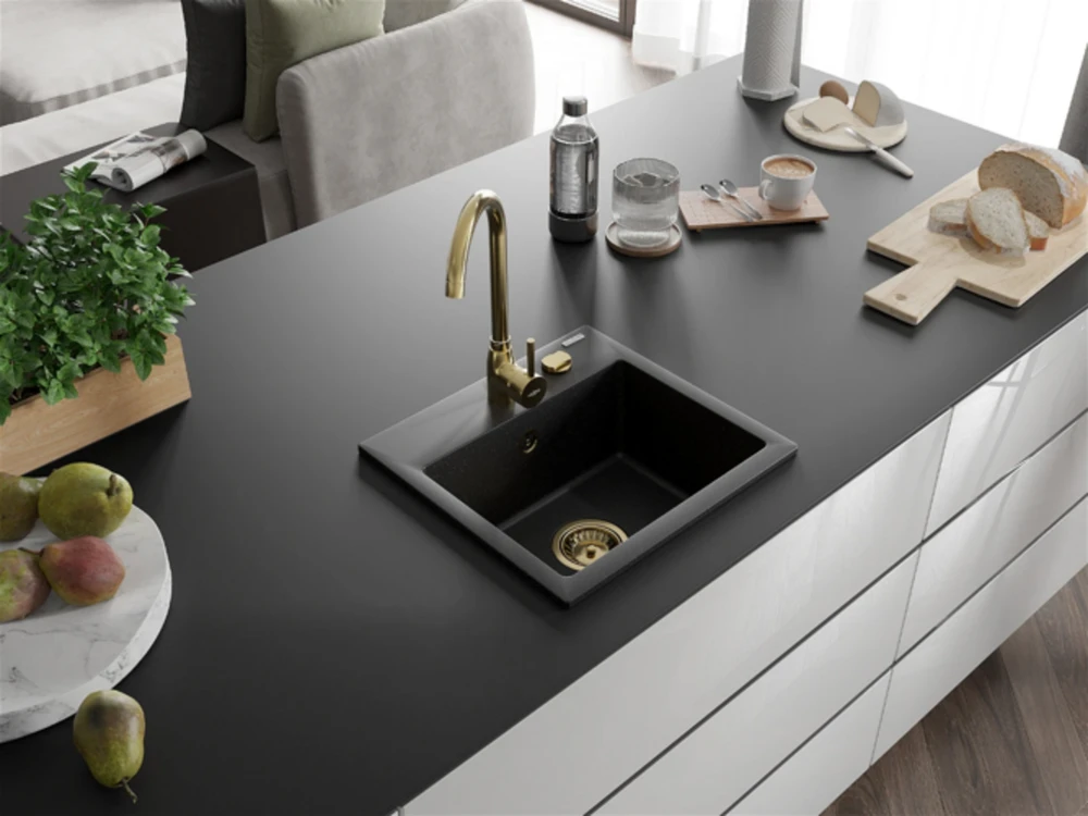 Granitinė virtuvinė plautuvė Mexen Milo su maišytuvu ir sifonu, Metallic juodas/sidabrinis+Gold