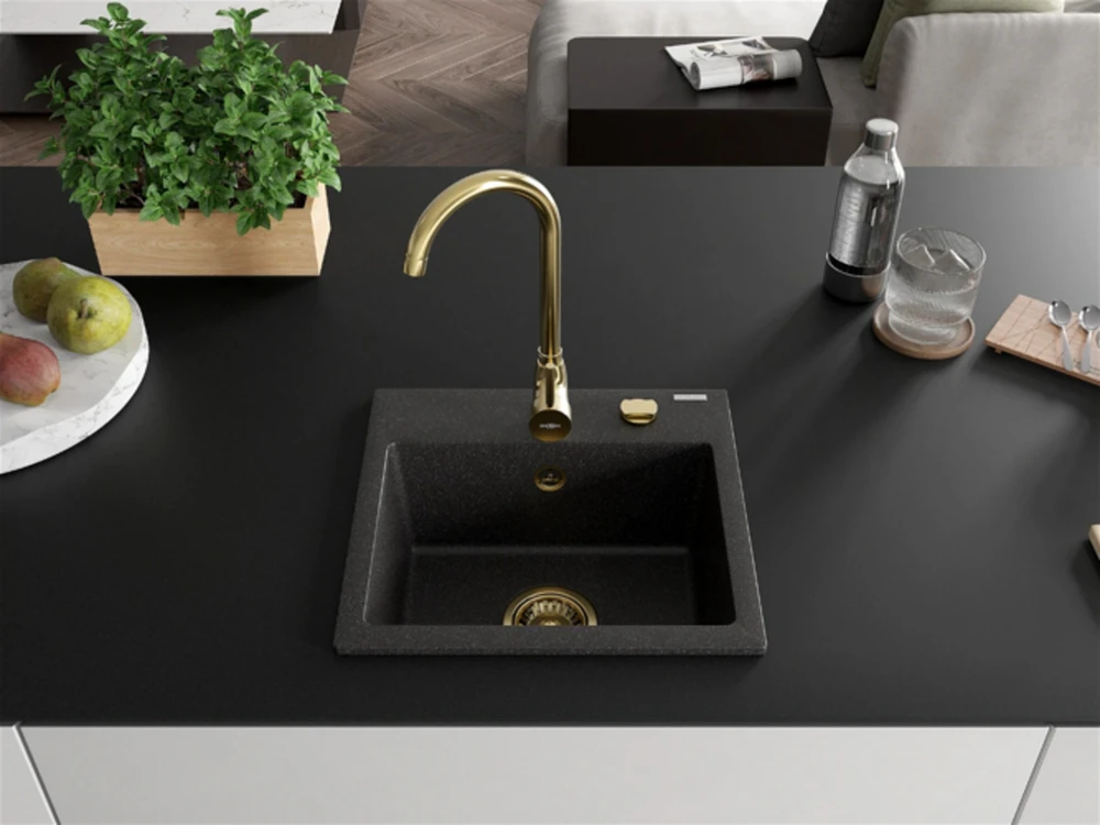 Granitinė virtuvinė plautuvė Mexen Milo su maišytuvu ir sifonu, Juodas granite+Gold