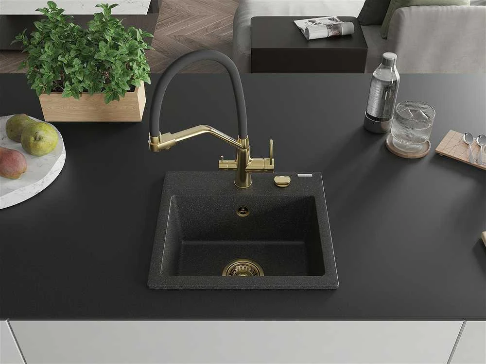 Granitinė virtuvinė plautuvė Mexen Milo su maišytuvu ir sifonu, Juodas granite+Juodas/Gold