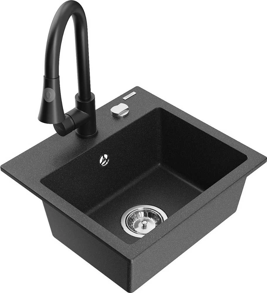 Granitinė virtuvinė plautuvė Mexen Milo su maišytuvu ir sifonu, Juodas granite+Juodas