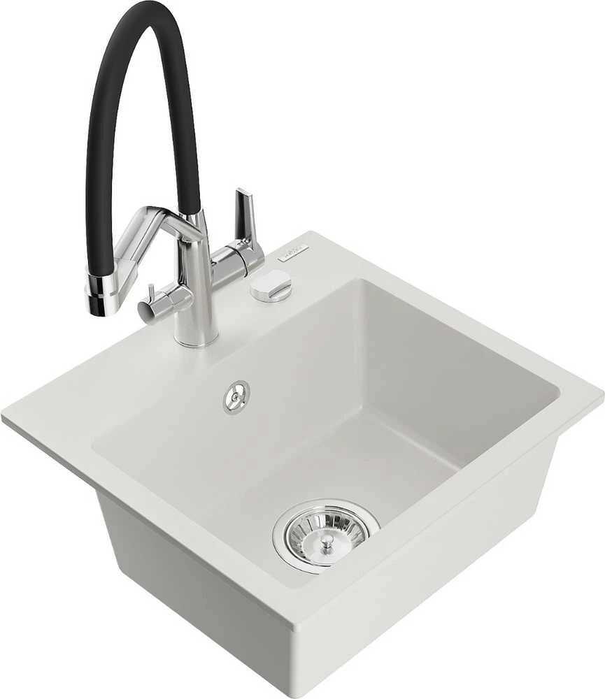 Granitinė virtuvinė plautuvė Mexen Milo su maišytuvu ir sifonu, Baltas+Juodas/Chrome