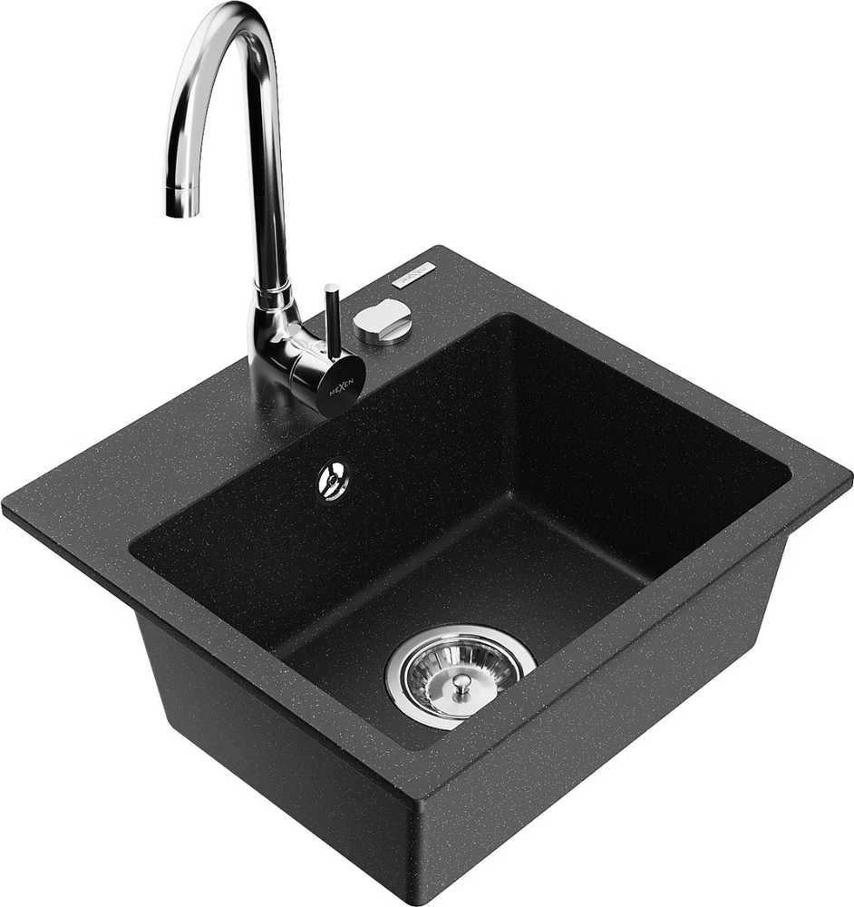 Granitinė virtuvinė plautuvė Mexen Milo su maišytuvu ir sifonu, Metallic juodas/sidabrinis+Chrome