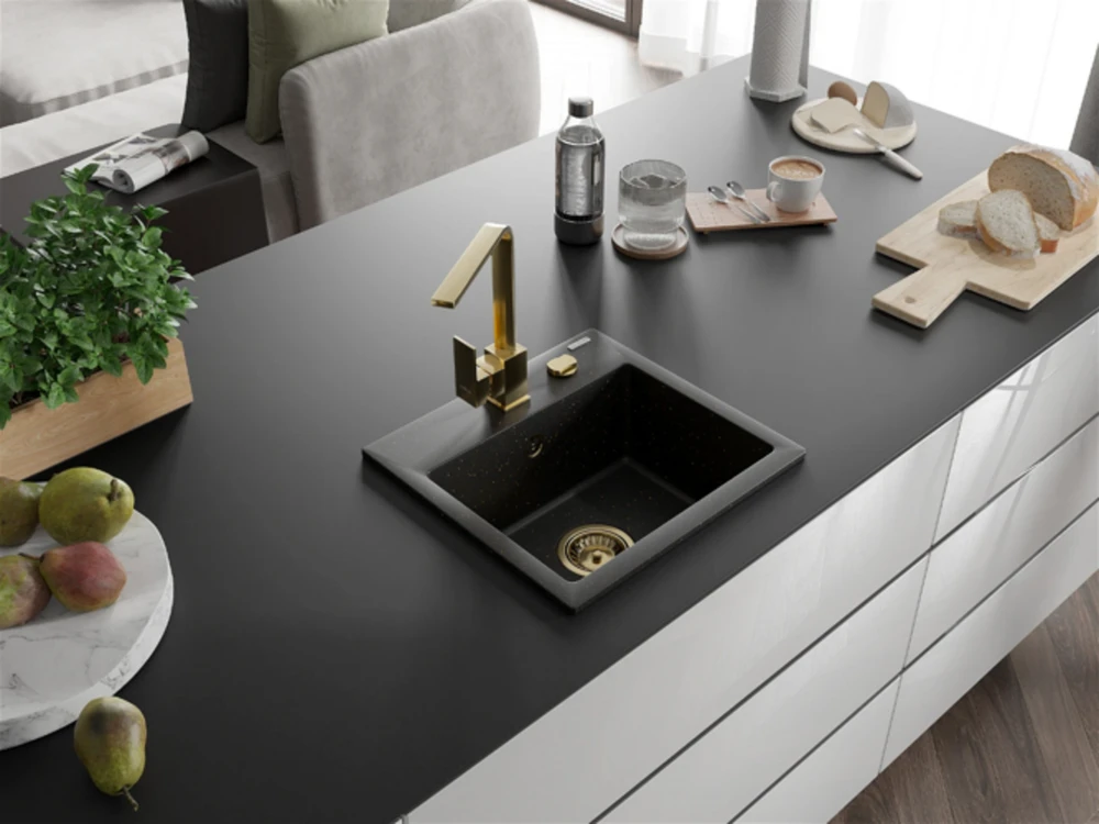 Granitinė virtuvinė plautuvė Mexen Milo su maišytuvu ir sifonu, Metallic juodas/auksinis+Gold