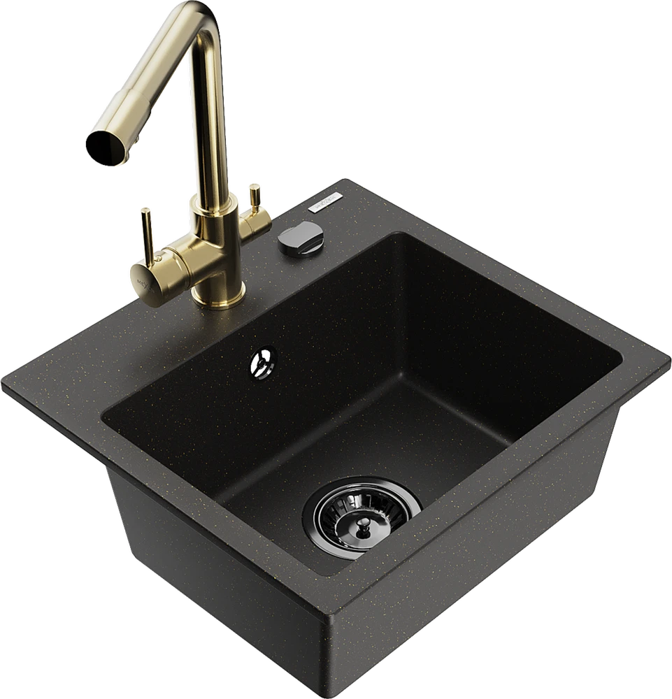 Granitinė virtuvinė plautuvė Mexen Milo su maišytuvu ir sifonu, Metallic juodas/auksinis+Gold(B)