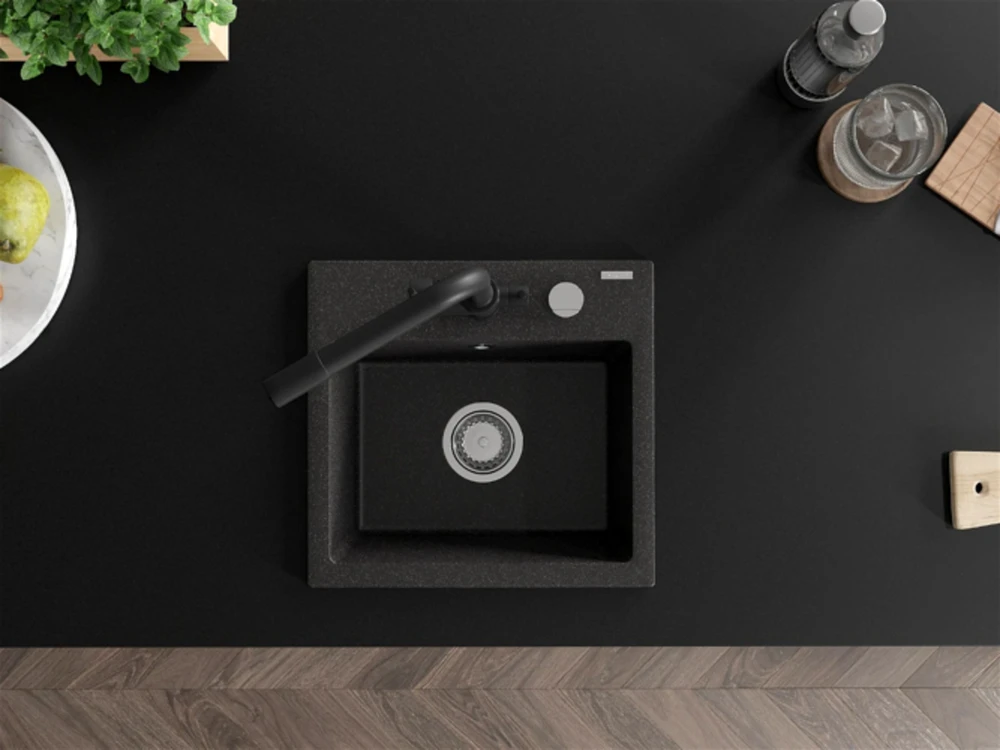 Granitinė virtuvinė plautuvė Mexen Milo su maišytuvu ir sifonu, Juodas granite+Juodas