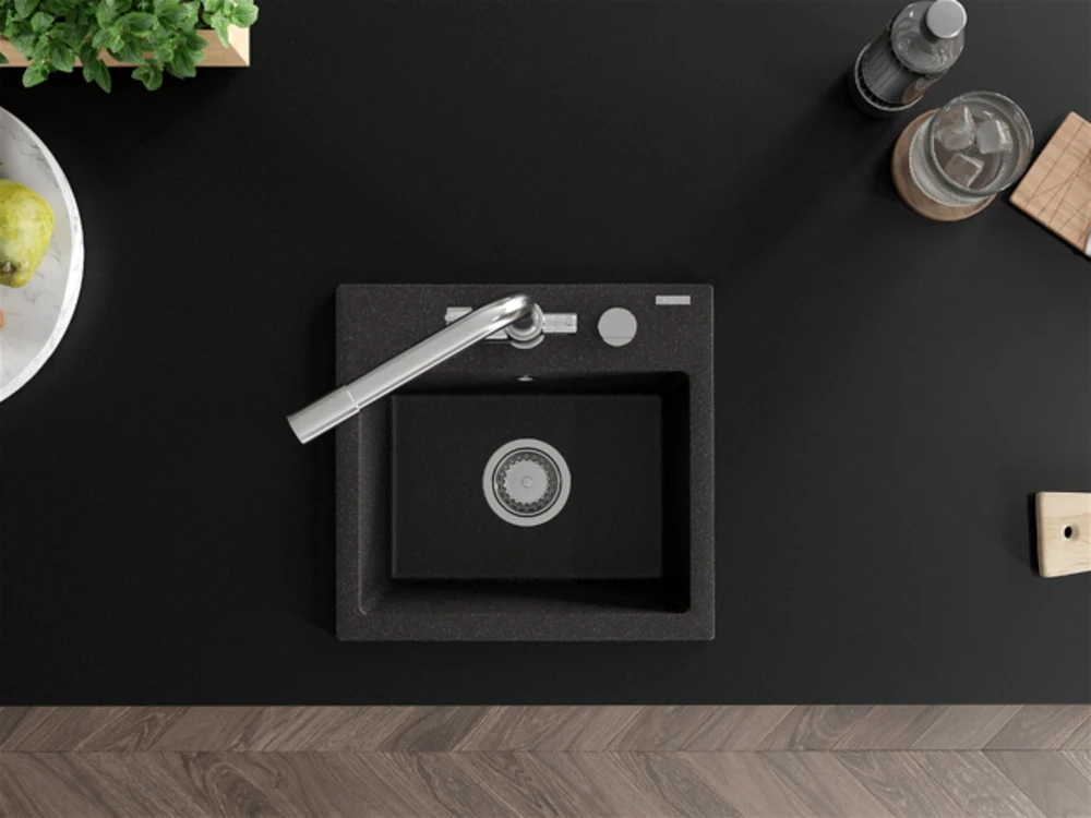 Granitinė virtuvinė plautuvė Mexen Milo su maišytuvu ir sifonu, Juodas granite+Chrome