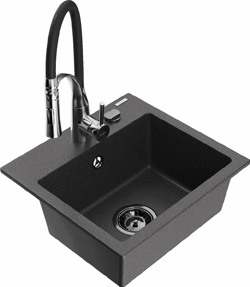 Granitinė virtuvinė plautuvė Mexen Milo su maišytuvu ir sifonu, Juodas granite+Juodas/Chrome