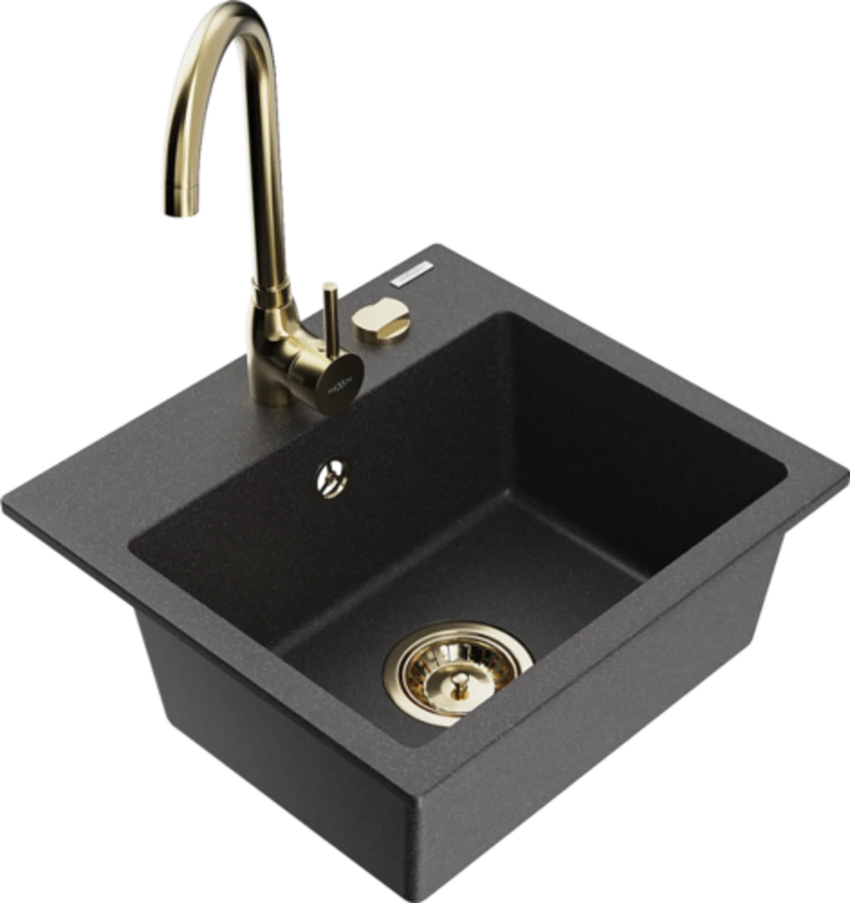Granitinė virtuvinė plautuvė Mexen Milo su maišytuvu ir sifonu, Juodas granite+Gold
