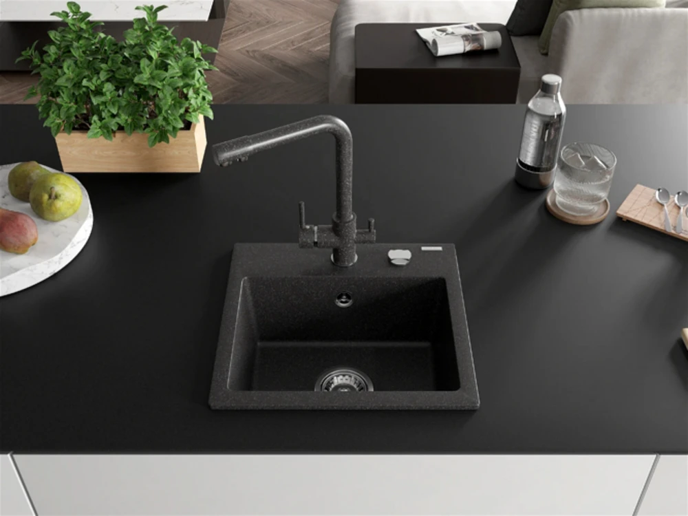 Granitinė virtuvinė plautuvė Mexen Milo su maišytuvu ir sifonu, Juodas granite