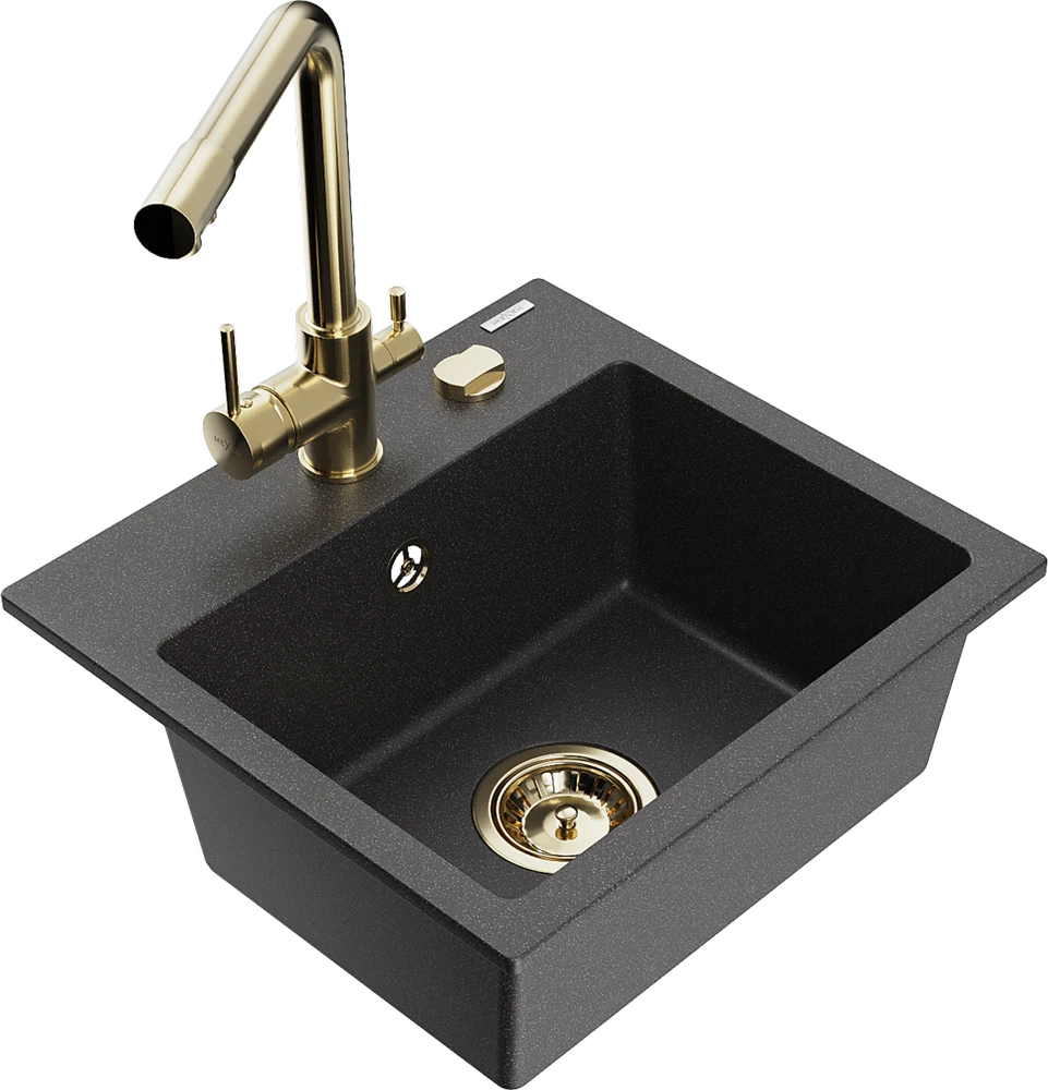 Granitinė virtuvinė plautuvė Mexen Milo su maišytuvu ir sifonu, Juodas granite+Gold