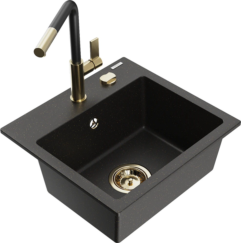 Granitinė virtuvinė plautuvė Mexen Milo su maišytuvu ir sifonu, Metallic juodas/auksinis+Juodas/Gold