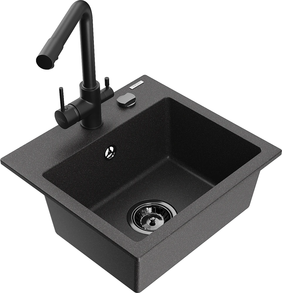 Granitinė virtuvinė plautuvė Mexen Milo su maišytuvu ir sifonu, Juodas granite+Juodas(B)